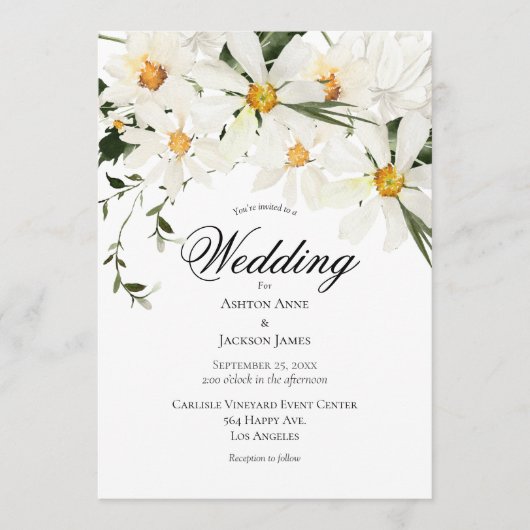 Elegant Rustic White Daisies Modern Wedding Kaart (Voorkant)