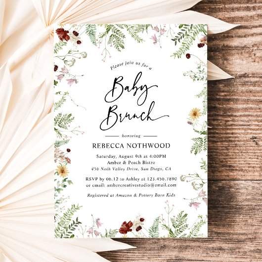 Elegant Rustic Wildflower Baby Brunch Uitnodiging