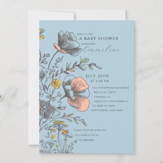 Elegant Rustic Wildflower Blue Baby Shower  Kaart (Voorkant)
