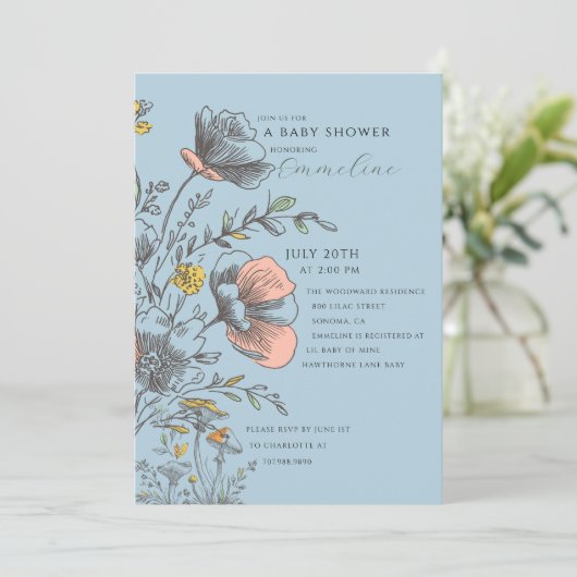 Elegant Rustic Wildflower Blue Baby Shower  Kaart (Staand voorkant)