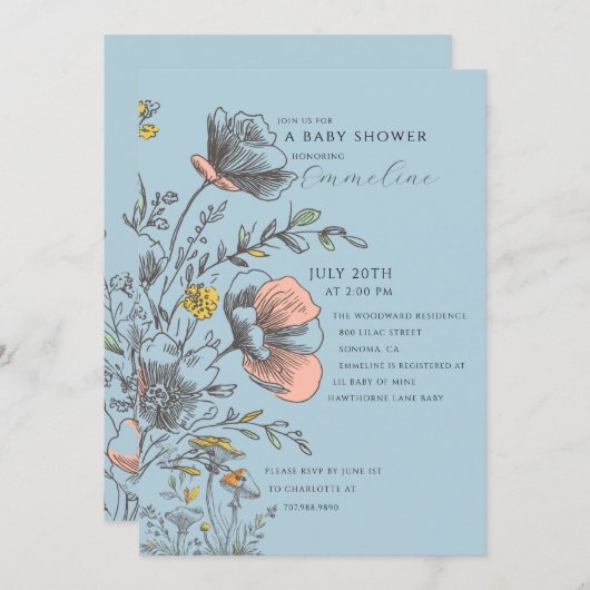 Elegant Rustic Wildflower Blue Baby Shower  Kaart (Voorkant / Achterkant)