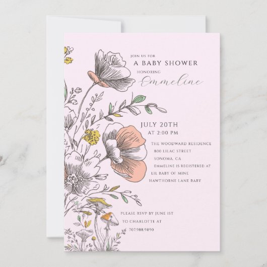 Elegant Rustic Wildflower Pink Baby Shower Kaart (Voorkant)
