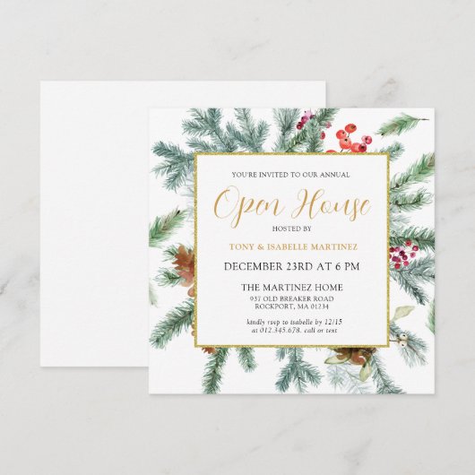 Elegant Rustic Winter Botanical Open House Invitat Kaart (Voorkant / Achterkant)