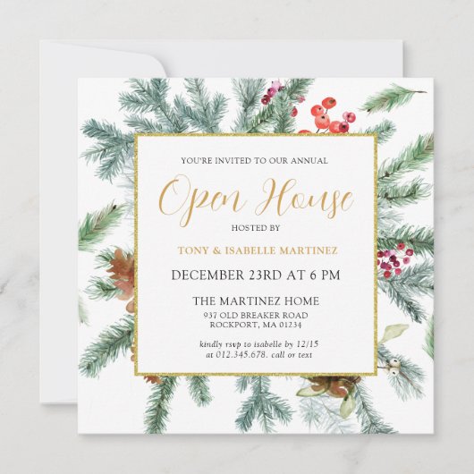 Elegant Rustic Winter Botanical Open House Invitat Kaart (Voorkant)