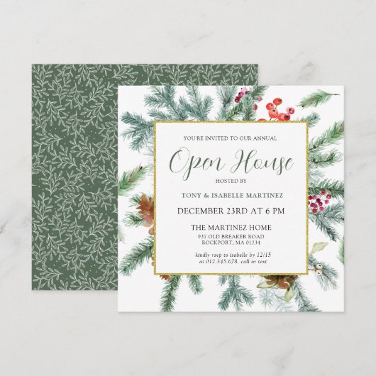 Elegant Rustic Winter Botanical Open House Kaart (Voorkant / Achterkant)