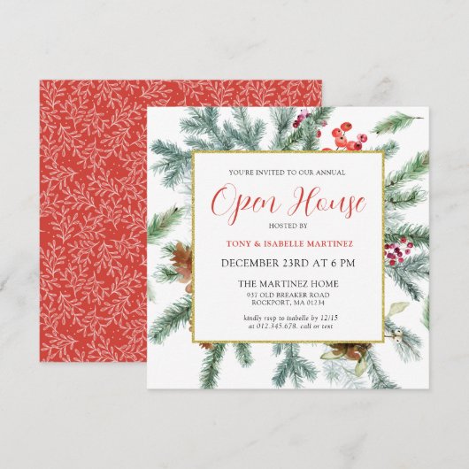 Elegant Rustic Winter Botanical Open House Kaart (Voorkant / Achterkant)