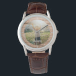 Elegant Rustic Wood Aangepaste naam Foto Horloge<br><div class="desc">Perfect cadeautje voor grootouders! Dit supermoderne horloge kenmerkt een favoriete foto samen met uw gepersonaliseerde naam op een middelgrote bruine het paneelachtergrond van hout.</div>