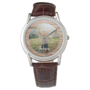 Elegant Rustic Wood Aangepaste naam Foto Horloge