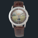 Elegant Rustic Wood Aangepaste naam Foto Horloge<br><div class="desc">Perfecte gave voor de beste vader ooit! Dit supermoderne horloge kenmerkt een favoriete foto samen met uw gepersonaliseerde naam op een donkerbruine het paneelachtergrond van hout.</div>