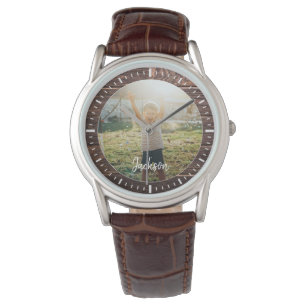 Elegant Rustic Wood Aangepaste naam Foto Horloge
