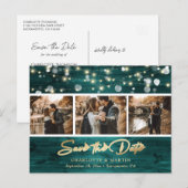 Elegant Rustic Wood Blauwgroen Gold Foil Weddenfot Aankondigingskaart (Voorkant / Achterkant)