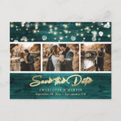 Elegant Rustic Wood Blauwgroen Gold Foil Weddenfot Aankondigingskaart (Voorkant)