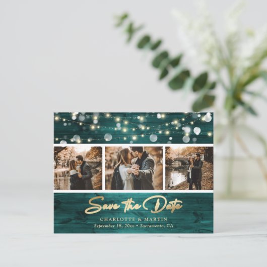 Elegant Rustic Wood Blauwgroen Gold Foil Weddenfot Aankondigingskaart (Staand voorkant)