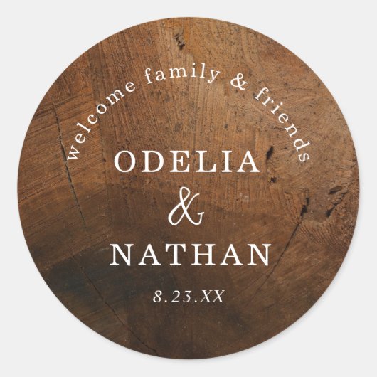 Elegant Rustic Wood Grain Texture Arched Wedding Ronde Sticker (Voorkant)