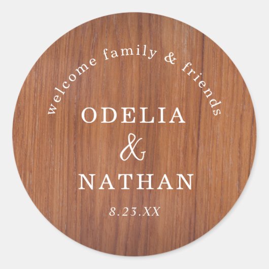 Elegant Rustic Wood Grain Texture Arched Wedding Ronde Sticker (Voorkant)