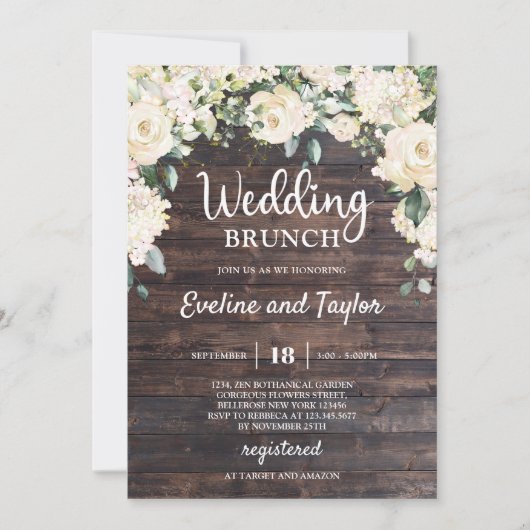 Elegant rustic wood greenery white floral rozen kaart (Voorkant)