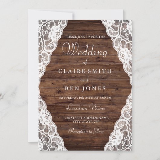 Elegant Rustic Wood Lace Wedding Invite Kaart (Voorkant)