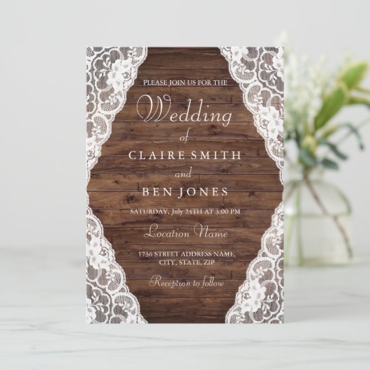 Elegant  Rustic Wood Lace Wedding Invite Kaart (Staand voorkant)