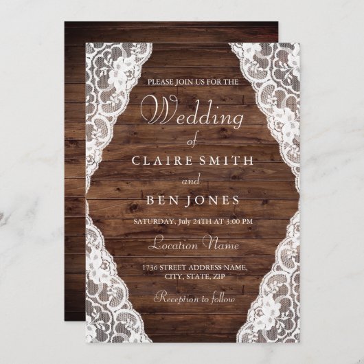 Elegant  Rustic Wood Lace Wedding Invite Kaart (Voorkant / Achterkant)