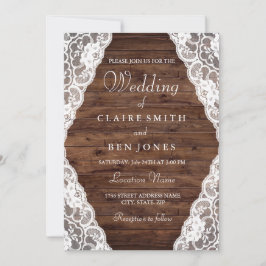 Elegant Rustic Wood Lace Wedding Invite Kaart