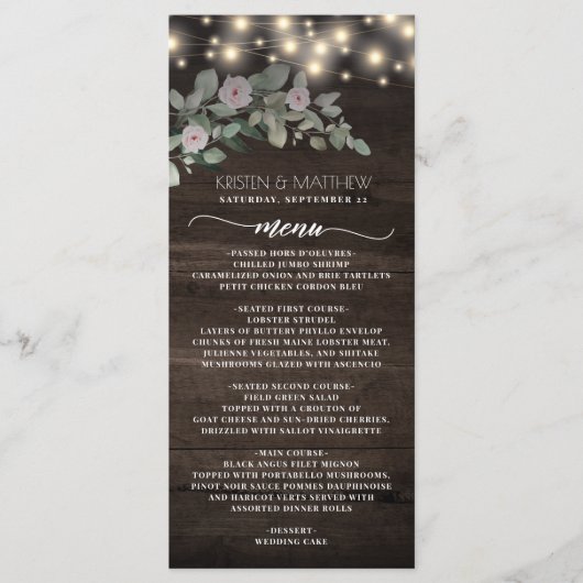 Elegant Rustic Wood Lights Boho Greenery Wedding Menu (Voorkant)
