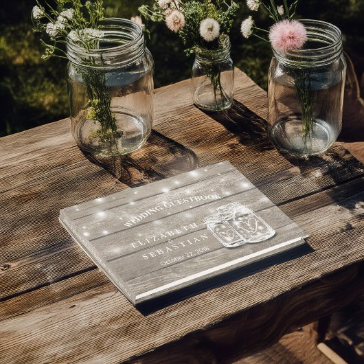 Elegant Rustic Wood Mason Jar String Light Wedding Gastenboek