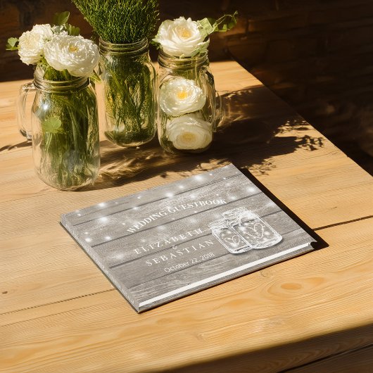 Elegant Rustic Wood Mason Jar String Light Wedding Gastenboek
