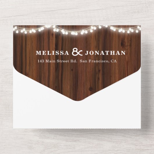 Elegant Rustic Wood String Lights Foto Weddenschap All In One Uitnodiging (Achterkant)