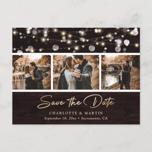 Elegant Rustic Wood Wedding 3 Foto slaat de datum  Aankondigingskaart (Voorkant)