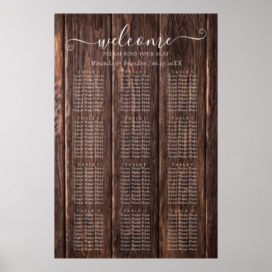 Elegant Rustic Wood Wedding Seding Chart Poster (Voorkant)