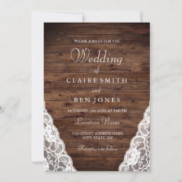 Elegant Rustic Wood White Lace Wedding Invite Kaart