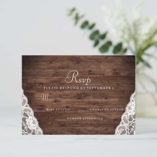 Elegant Rustic Wood White Lace Wedding RSVP (Staand voorkant)