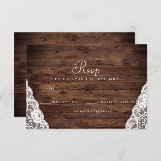 Elegant Rustic Wood White Lace Wedding RSVP (Voorkant / Achterkant)