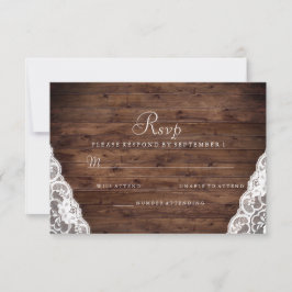 Elegant Rustic Wood White Lace Wedding RSVP Kaartje
