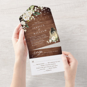 Elegant Rustic Wood White Roses Wedding All In One Uitnodiging