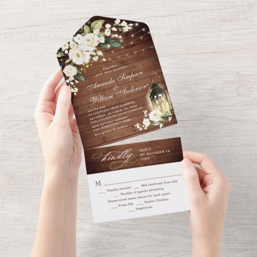 Elegant Rustic Wood White Roses Wedding All In One Uitnodiging (Afscheurbaar)