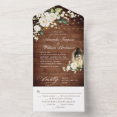 Elegant Rustic Wood White Roses Wedding All In One Uitnodiging (Binnen)