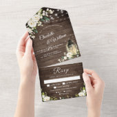 Elegant Rustic Wood White Roses Wedding All In One Uitnodiging (Afscheurbaar)