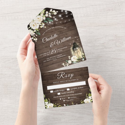 Elegant Rustic Wood White Roses Wedding All In One Uitnodiging (Afscheurbaar)