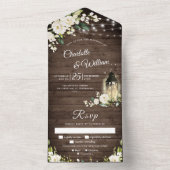 Elegant Rustic Wood White Roses Wedding All In One Uitnodiging (Binnen)