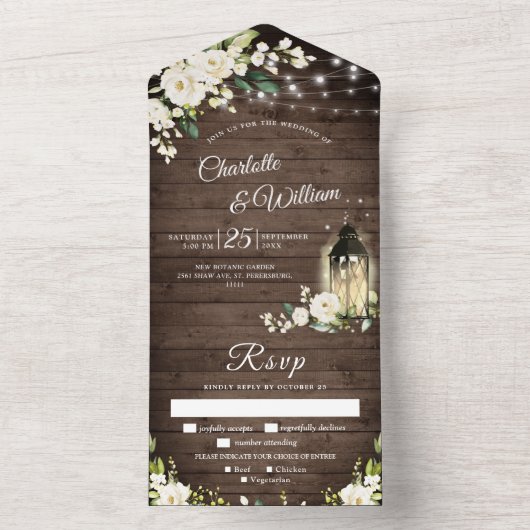 Elegant Rustic Wood White Roses Wedding All In One Uitnodiging (Binnen)