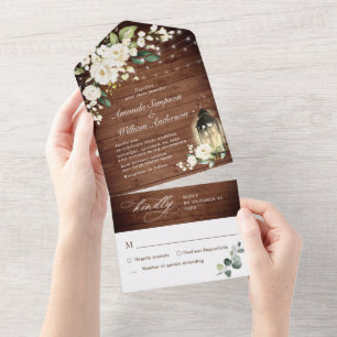 Elegant Rustic Wood White Roses Wedding All In One Uitnodiging