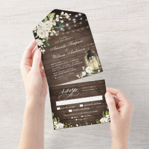 Elegant Rustic Wood White Roses Wedding All In One Uitnodiging