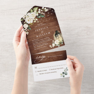 Elegant Rustic Wood White Roses Wedding All In One Uitnodiging