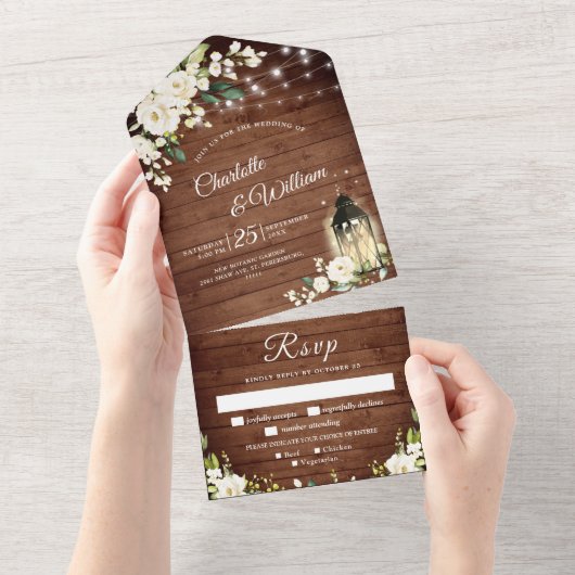 Elegant Rustic Wood White Roses Wedding All In One Uitnodiging (Afscheurbaar)