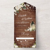 Elegant Rustic Wood White Roses Wedding All In One Uitnodiging (Binnen)