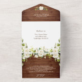 Elegant Rustic Wood White Roses Wedding QR code All In One Uitnodiging (Buitenkant)