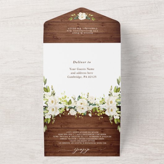 Elegant Rustic Wood White Roses Wedding QR code All In One Uitnodiging (Buitenkant)