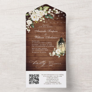 Elegant Rustic Wood White Roses Wedding QR code All In One Uitnodiging