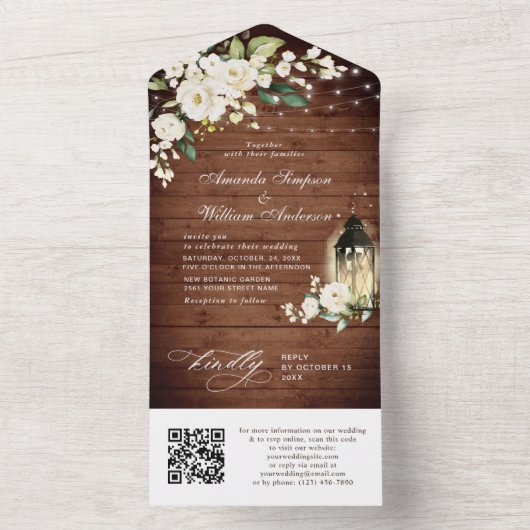 Elegant Rustic Wood White Roses Wedding QR code All In One Uitnodiging (Binnen)